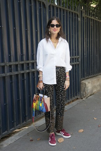 White Dress Shirt · Black Print Tapered Pants · Burgundy Suede Low Top Sneakers · Multi colored Leather Tote Bag · Black Sunglasses · Multi colored Bracelet