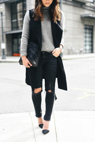 Black Sleeveless Coat · Grey Knit Turtleneck · Black Ripped Skinny Jeans · Black Suede Pumps · Black Fur Clutch · Silver Watch
