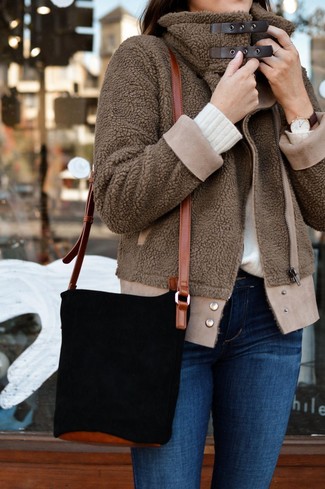 Brown Fleece Bomber Jacket · White Crew-neck Sweater · Blue Skinny Jeans · Black Suede Bucket Bag · Dark Brown Leather Watch