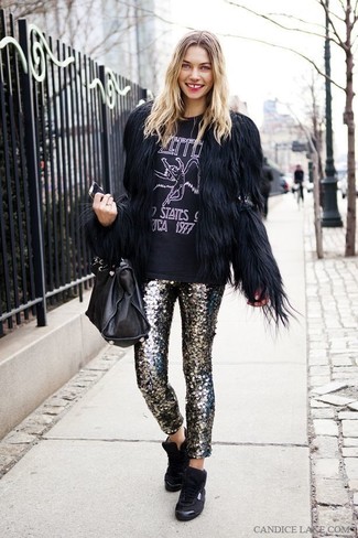 Black Fur Jacket · Black and White Print Crew-neck T-shirt · Silver Sequin Skinny Pants · Black High Top Sneakers · Black Leather Satchel Bag
