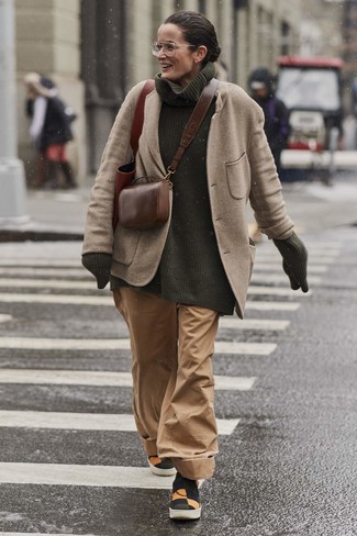 Beige Wool Blazer · Dark Green Knit Turtleneck · Tan Wide Leg Pants · Multi colored Canvas Slip-on Sneakers · Brown Leather Crossbody Bag