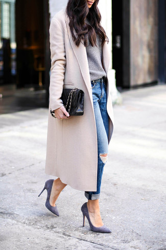 Beige Coat · Grey Crew-neck Sweater · Blue Ripped Boyfriend Jeans · Violet Suede Pumps · Black Quilted Leather Satchel Bag