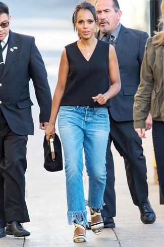 Black Sleeveless Top · Blue Fringe Jeans · Multi colored Leather Heeled Sandals · Black Suede Clutch