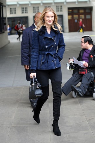 Navy Shearling Jacket · Black Crew-neck Sweater · Black Skinny Jeans · Black Suede Over The Knee Boots · Black Leather Handbag