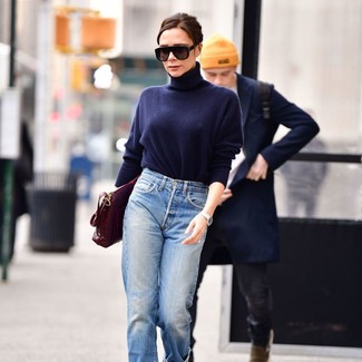 Navy Turtleneck · Light Blue Boyfriend Jeans · Burgundy Leather Satchel Bag · Black Sunglasses · Silver Watch