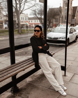 Black Blazer · Black Crew-neck Sweater · White Wide Leg Pants · White and Black Leather Low Top Sneakers · Black Leather Crossbody Bag · Black Sunglasses