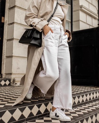 Beige Trenchcoat · Beige Turtleneck · White Denim Wide Leg Pants · White and Black Leather Low Top Sneakers · Black Leather Crossbody Bag