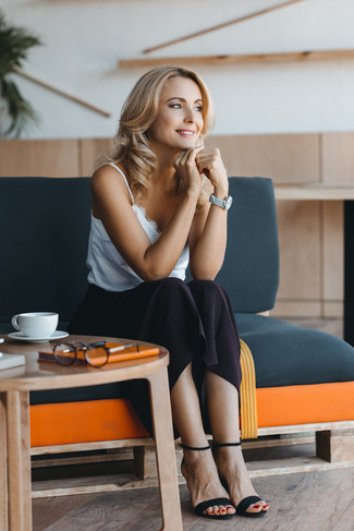 White Lace Tank · Black Midi Skirt · Black Suede Heeled Sandals · Grey Leather Watch