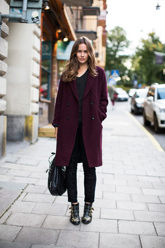 Dark Purple Coat · Black V-neck T-shirt · Black Skinny Pants · Black Studded Leather Ankle Boots · Black Leather Tote Bag