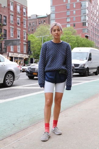Navy and White Print Crew-neck Sweater · White Bike Shorts · White and Black Check Slip-on Sneakers · Black Leather Fanny Pack · Hot Pink Socks