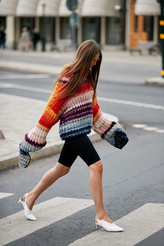 Multi colored Knit Oversized Sweater · Black Bike Shorts · White Leather Mules · Orange Sunglasses