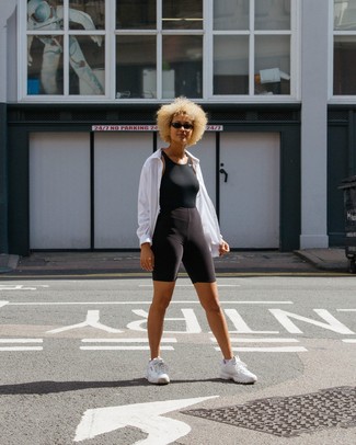 White Windbreaker · Black Tank · Black Bike Shorts · White Athletic Shoes · Black Sunglasses