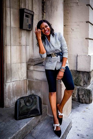 Grey Plaid Double Breasted Blazer · Black Bike Shorts · Black and White Suede Mules · Black Leather Tote Bag · Black Leather Waist Belt · Black Leather Watch
