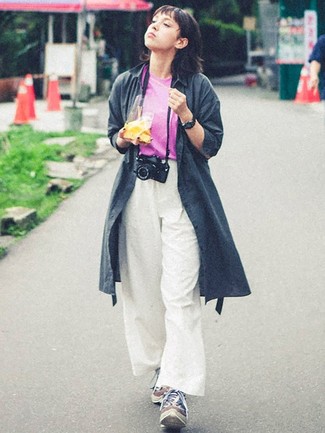 Charcoal Trenchcoat · Hot Pink Crew-neck T-shirt · White Wide Leg Pants · Multi colored Athletic Shoes · Black Leather Watch