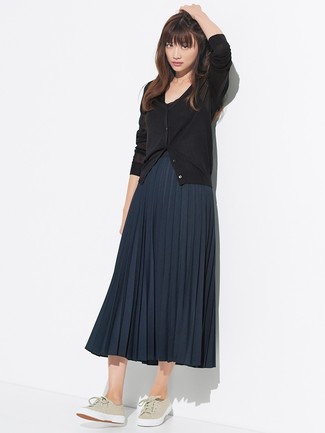 Black Cardigan · Navy Pleated Midi Skirt · Beige Canvas Low Top Sneakers