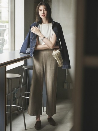 Navy Denim Jacket · White Crew-neck T-shirt · Beige Knit Wide Leg Pants · Dark Brown Suede Mules · Beige Crochet Tote Bag