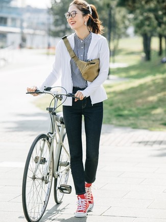 White Hoodie · Black and White Gingham Dress Shirt · Navy Skinny Jeans · Red Canvas High Top Sneakers · Tan Canvas Fanny Pack · Silver Earrings
