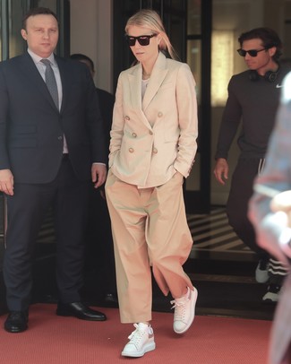 Beige Double Breasted Blazer · White Crew-neck T-shirt · Tan Wide Leg Pants · White Leather Low Top Sneakers · Dark Brown Sunglasses