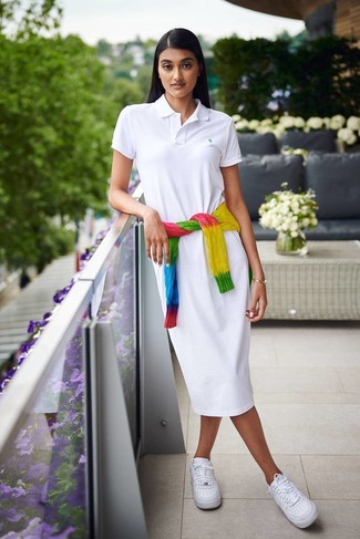 Multi colored Tie-Dye Cable Sweater · White Shirtdress · White Leather Low Top Sneakers