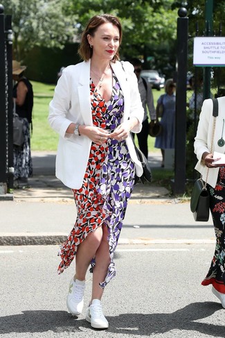 White Blazer · Multi colored Floral Maxi Dress · White Low Top Sneakers · Silver Watch