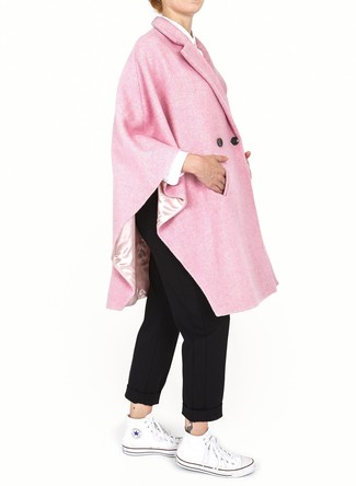 Pink Cape Coat · White Dress Shirt · Black Chinos · White Canvas High Top Sneakers