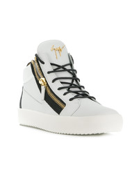 White and Black Leather High Top Sneakers