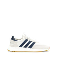 White and Navy Leather Low Top Sneakers