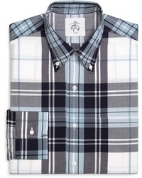 White and Navy Plaid Dress Shirt
