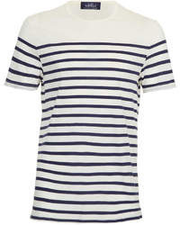 White and Navy Horizontal Striped Crew-neck T-shirt