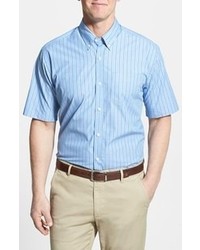 White and Blue Vertical Striped Short Sleeve Shirt