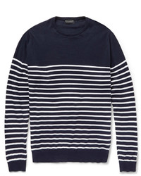 Navy and White Horizontal Striped Crew-neck Sweater