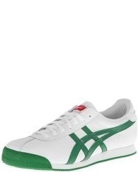 White and Green Leather Low Top Sneakers