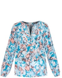 White and Blue Print Long Sleeve Blouse
