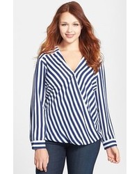 Navy and White Vertical Striped Long Sleeve Blouse