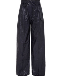 Navy Leather Wide Leg Pants