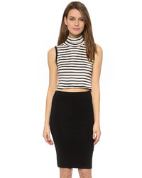 White and Black Horizontal Striped Sleeveless Turtleneck