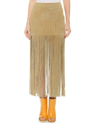 Beige Fringe Suede Midi Skirt