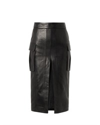 Black Slit Leather Pencil Skirt