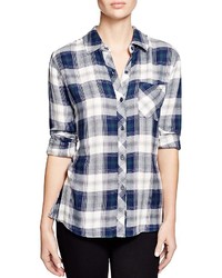 White and Navy Plaid Dress Shirt
