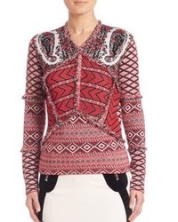 Red Print V-neck Sweater