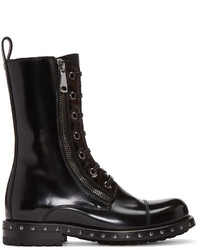 Black Leather Lace-up Flat Boots