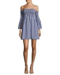 Navy Gingham Off Shoulder Dress