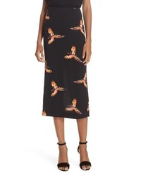 Black Print Silk Midi Skirt