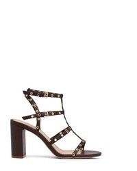 Dark Brown Studded Leather Heeled Sandals