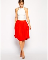 Red Pleated Midi Skirt