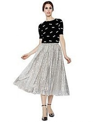 Silver Pleated Midi Skirt