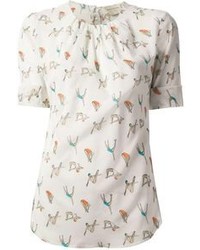 White Print Short Sleeve Blouse
