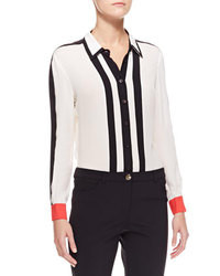 White and Black Vertical Striped Button Down Blouse