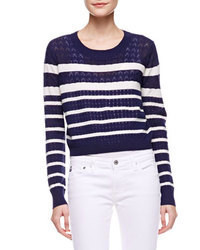 Navy and White Horizontal Striped Cropped Sweater