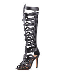 Black Leather Knee High Gladiator Sandals